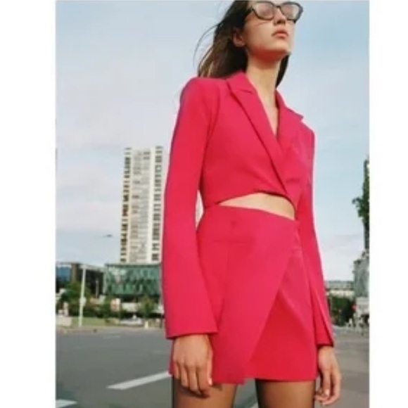 Zara Hot Pink Cutout mini shoulder pads M asymmetrical lined Blazer/skirt dress - Picture 15 of 15
